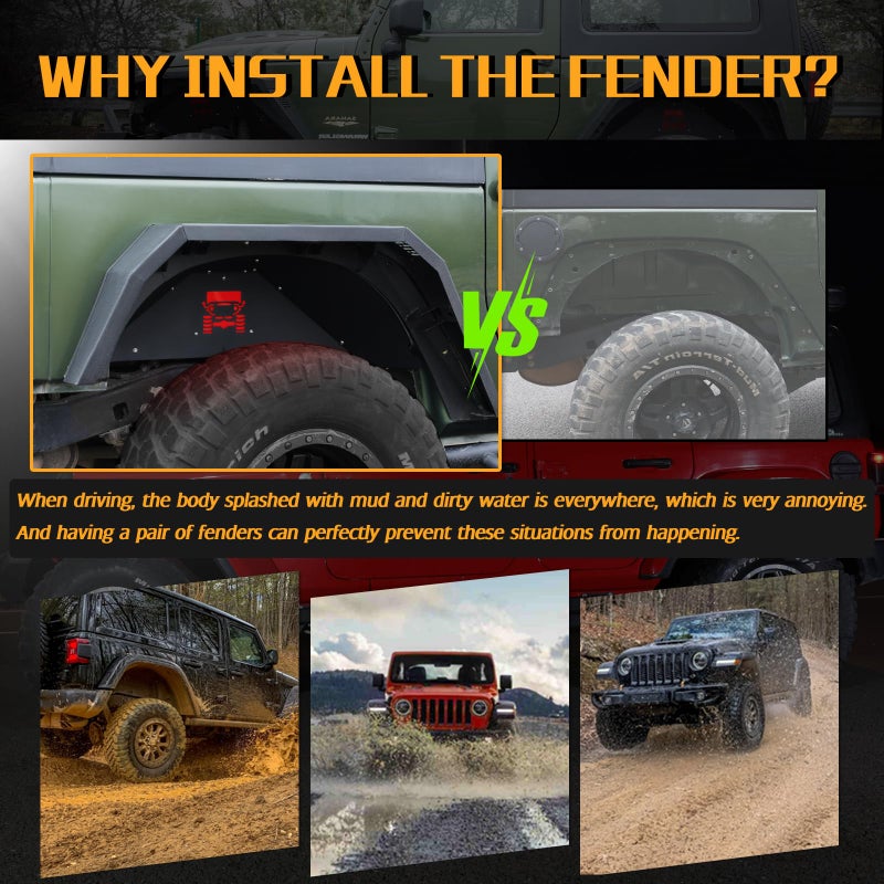 JROAD بطانات الفندر الداخلية الخلفية JROAD متوافقة مع جيب رانجلر JK JKU من الألمنيوم، مع 2 مصباح LED لملحقات رانجلر 2007-2018 JK JKU سبورت صحراوي روبكون 2/4 أبواب - Image 5